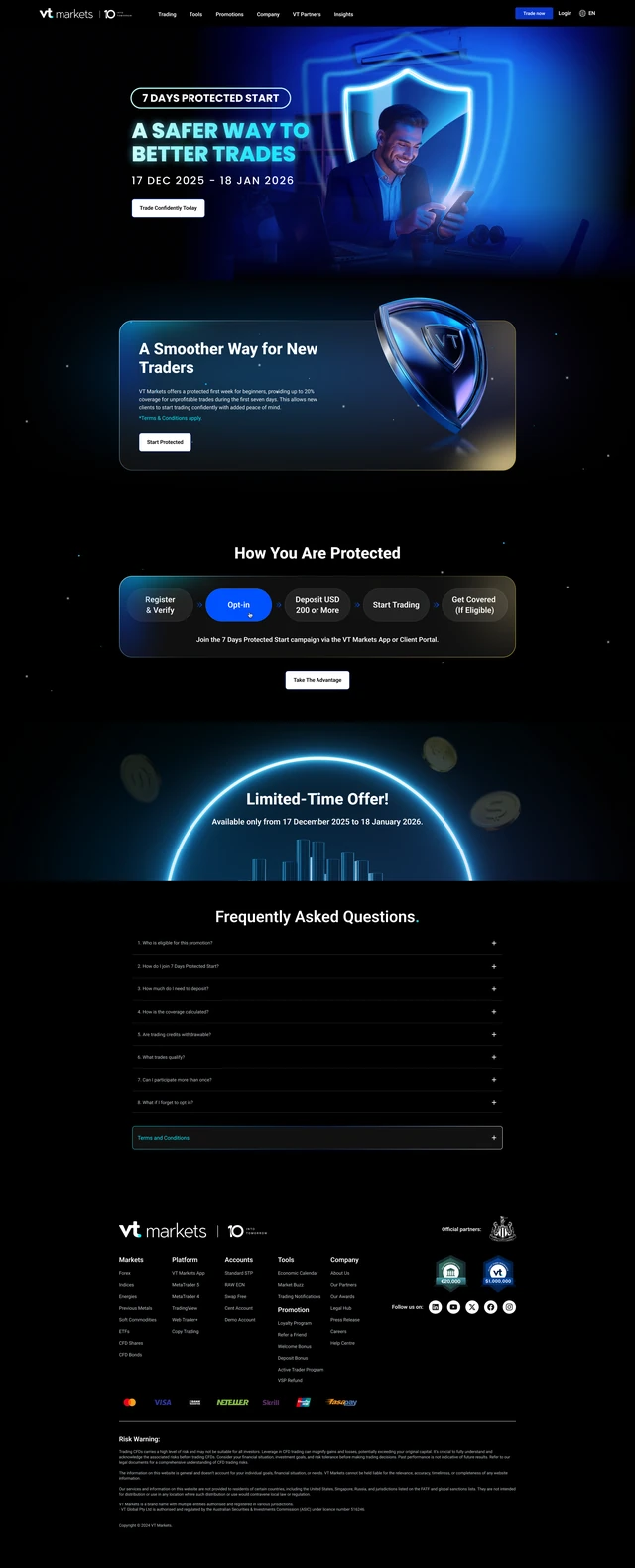 VT Markets 7 Days Protected Start trading protection campaign landing page