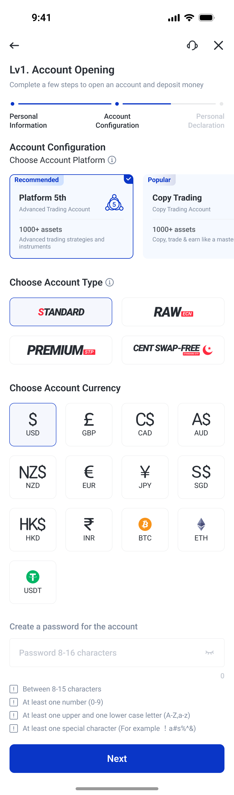 Account setup with platform, account type, currency and password choices
