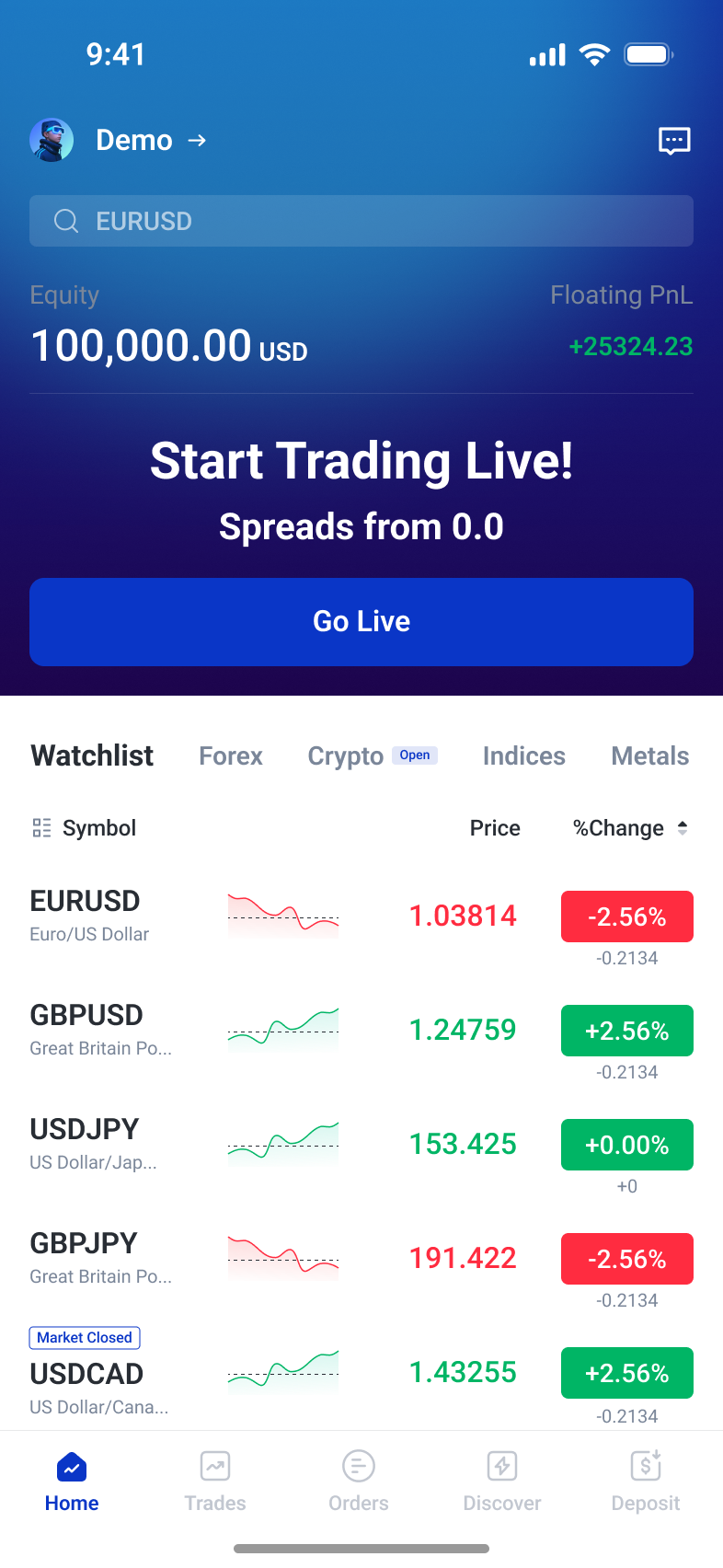 Demo account home with a live-account opening action
