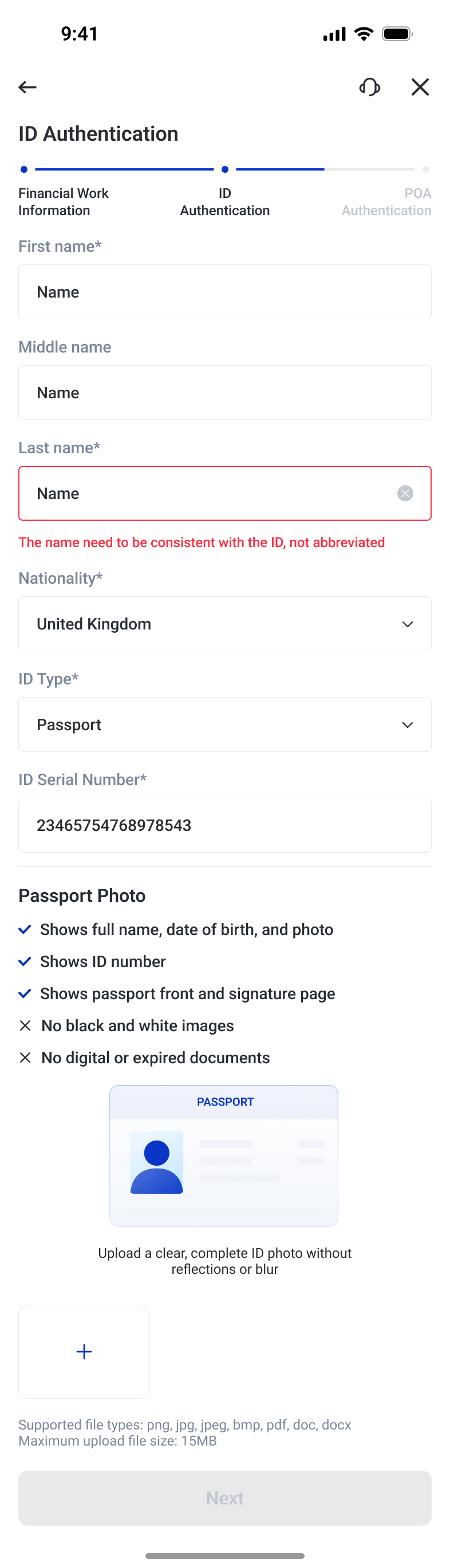 Identity information form with local field validation and document guidance