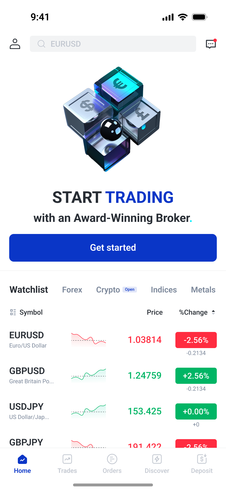 Compact logged-out home with trading artwork, a Get started action and market watchlist