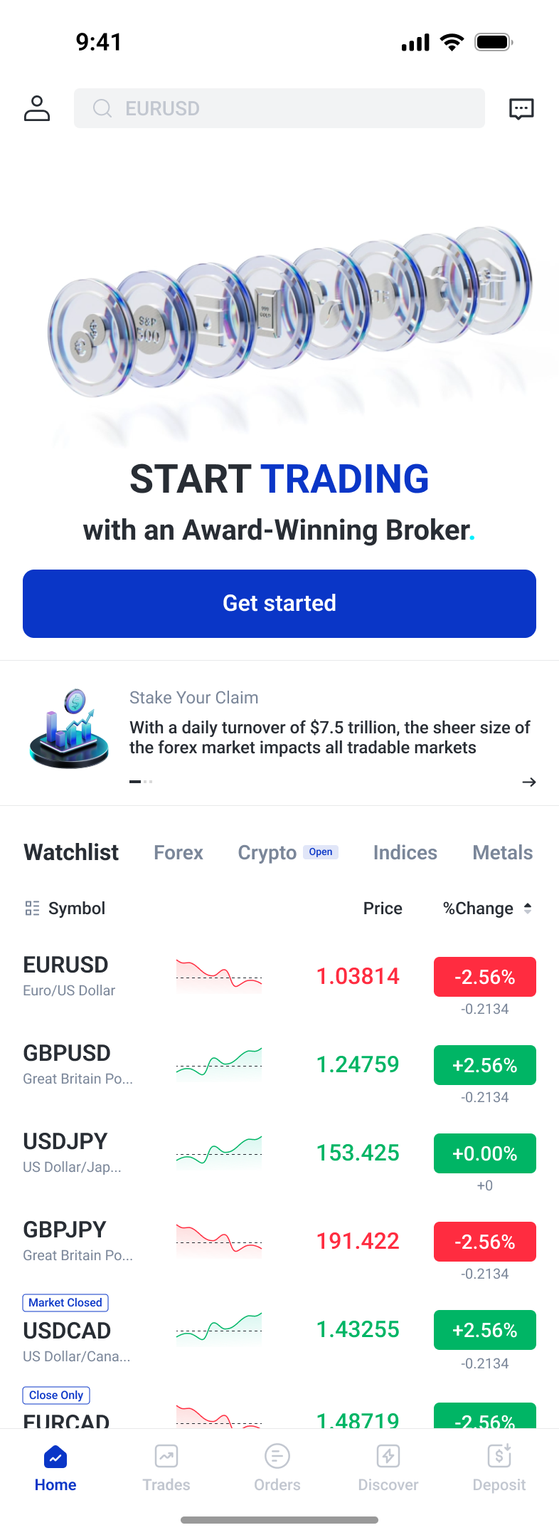 Logged-out home showing the main Get started action, promotional content and market watchlist
