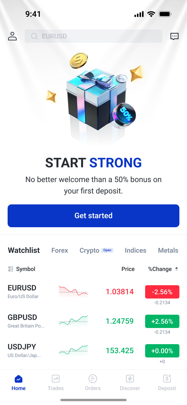 Logged-out home with a welcome offer, a Get started action and market watchlist