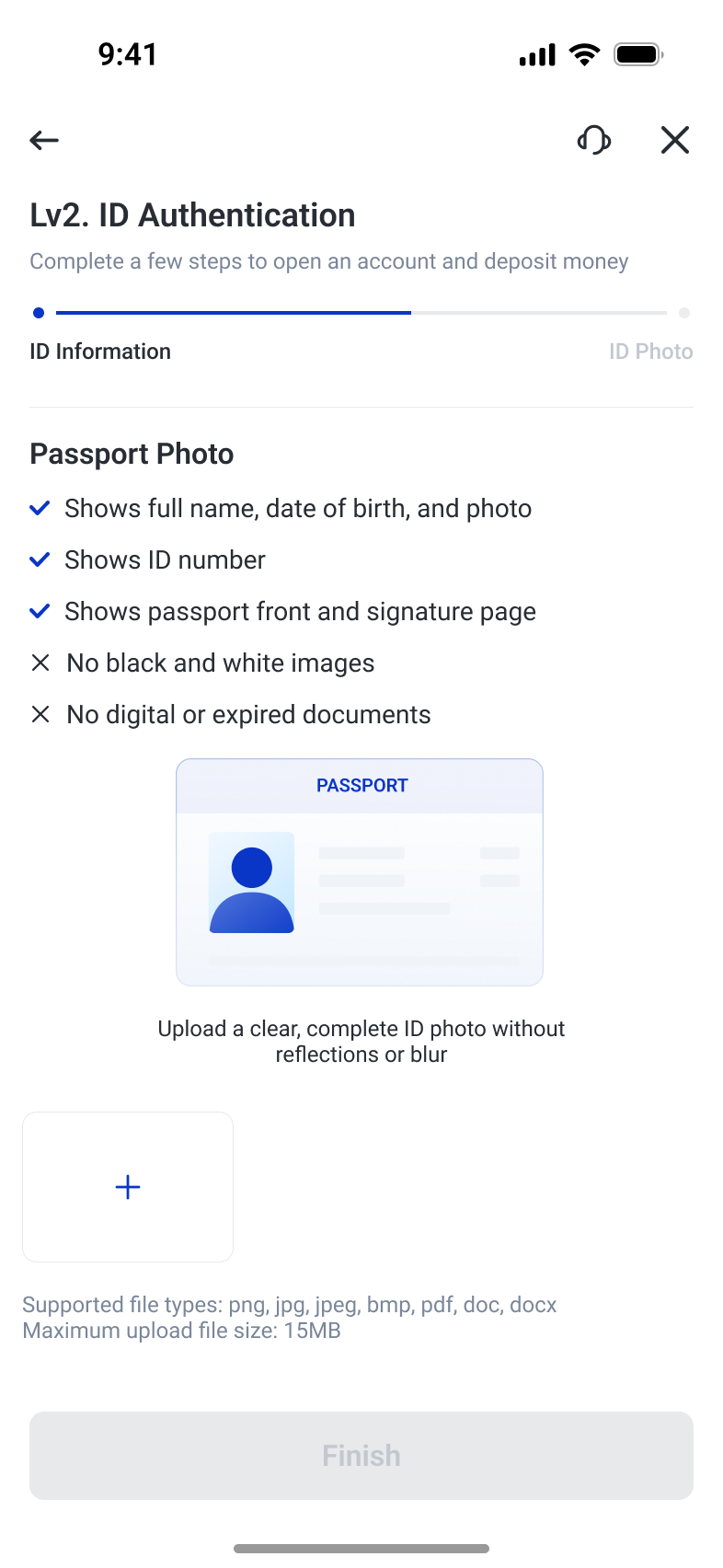 Passport upload with a document example, file requirements and submission action
