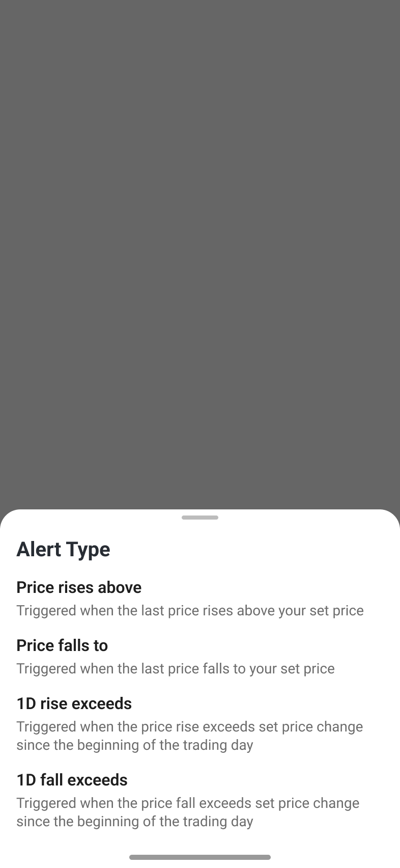 Price alert condition selector explaining threshold and percentage triggers