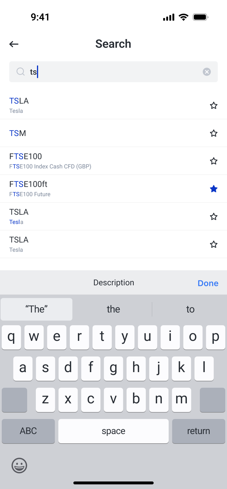 Instrument search showing highlighted matches and watchlist actions