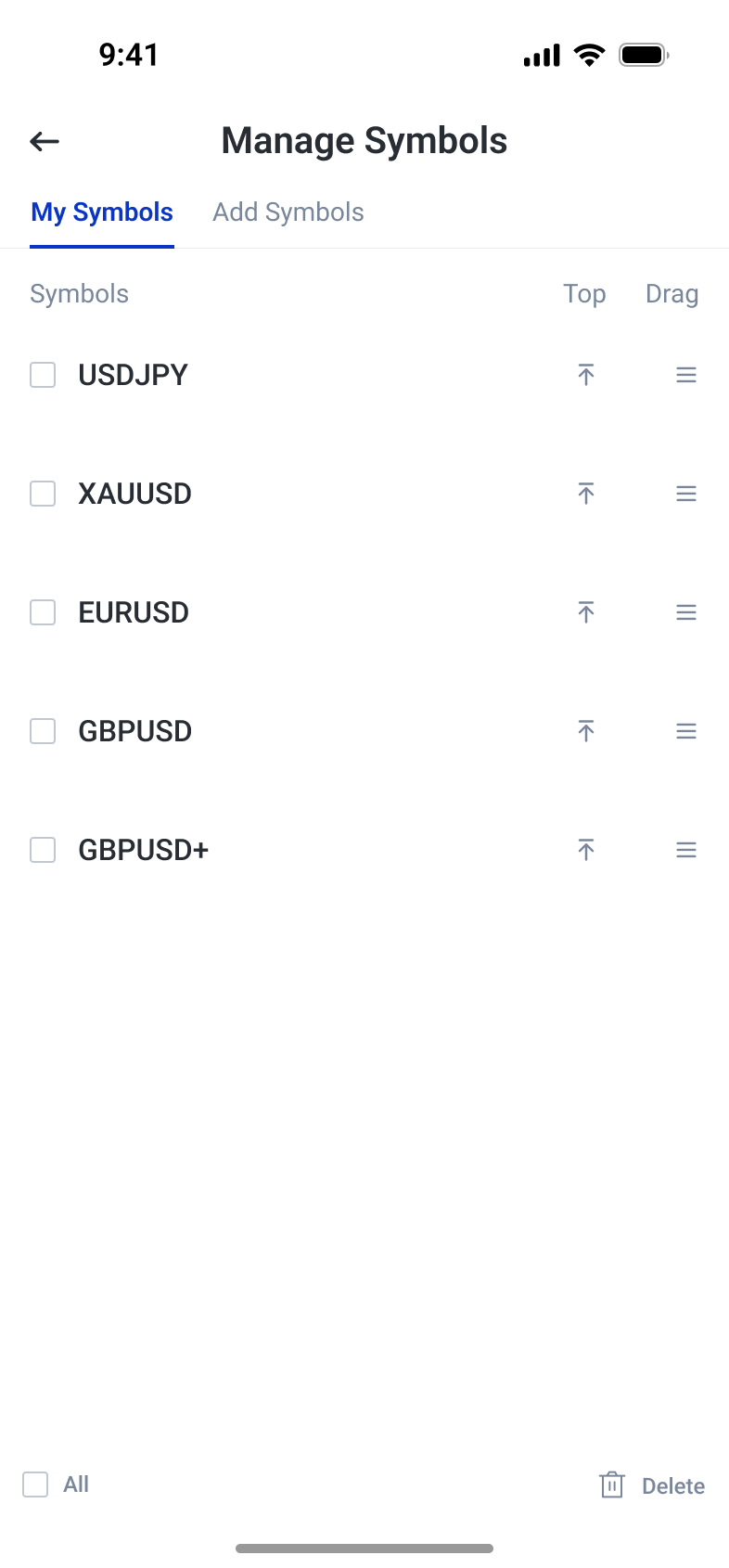 Watchlist management with selection, pinning, reordering and deletion