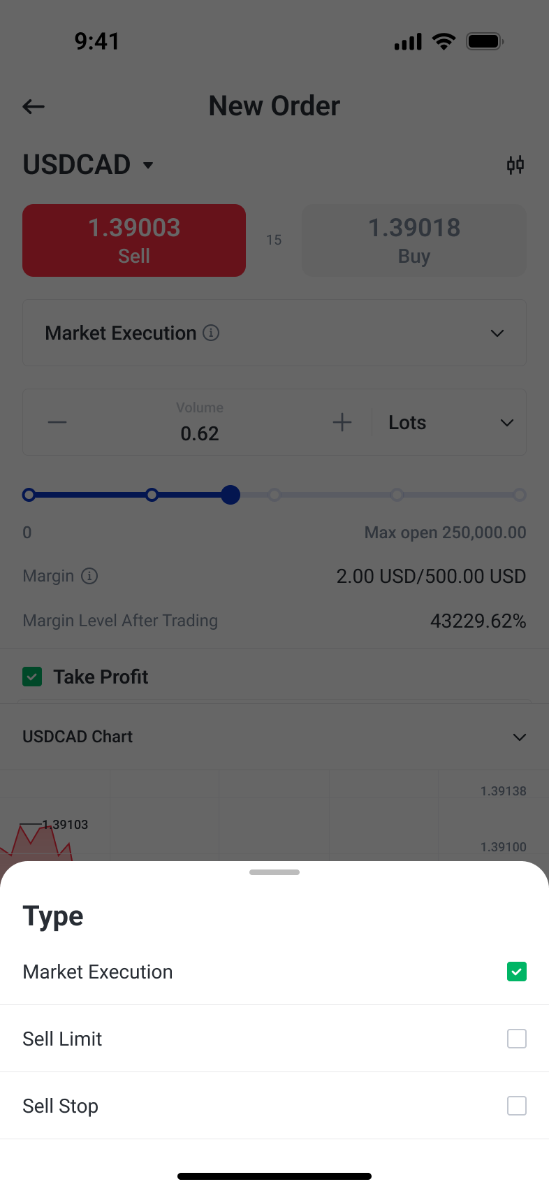 Order type selector within the order-entry task
