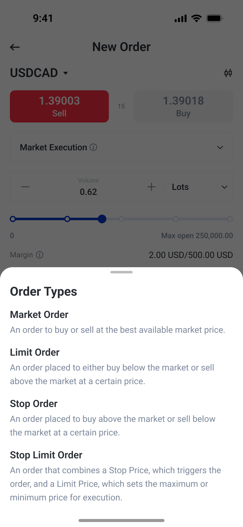 Contextual help explaining market and conditional order types