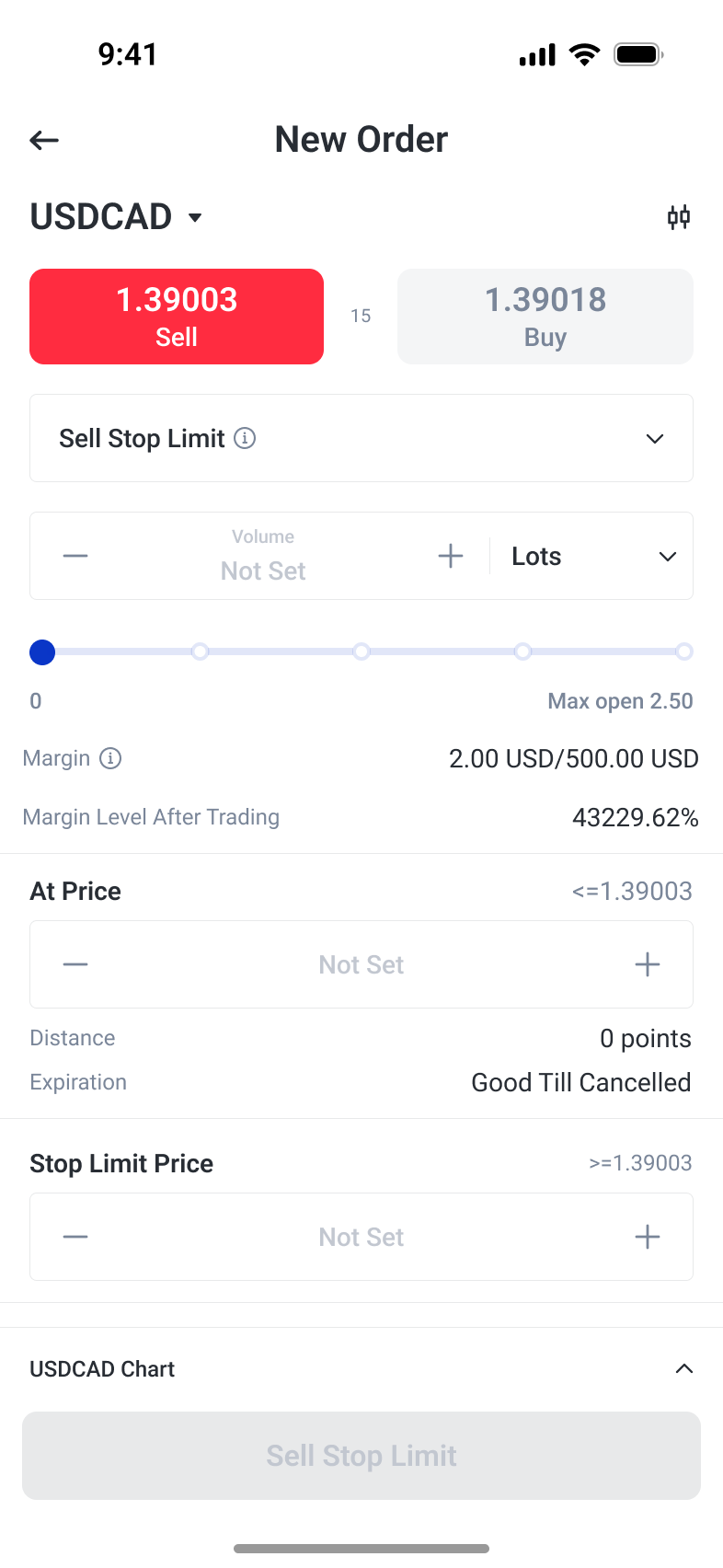 Stop-limit order form with trigger, limit and expiry conditions