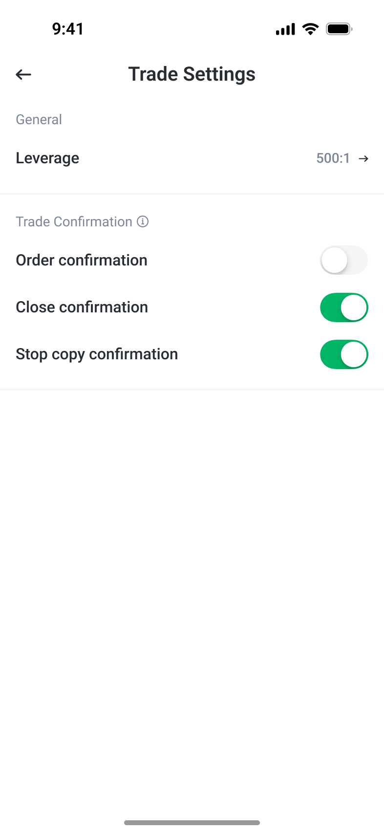 Trading preferences with separate order, close and stop-copy confirmations