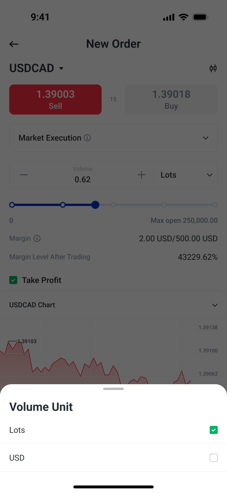 Order volume selector with lots and currency-based input options