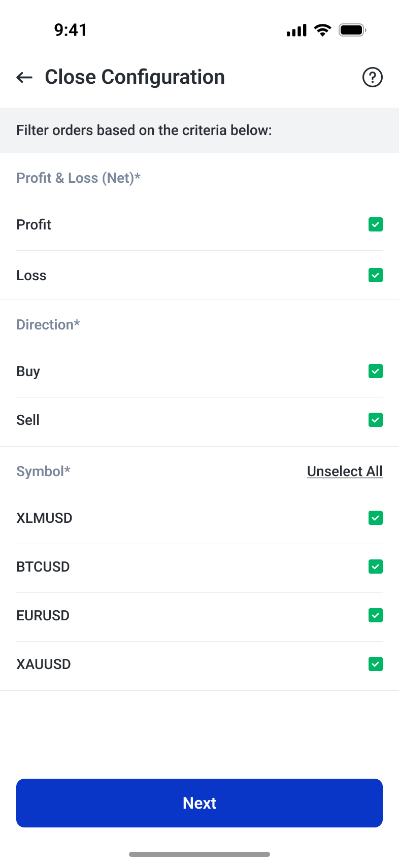 Batch-close controls for defining which positions are included