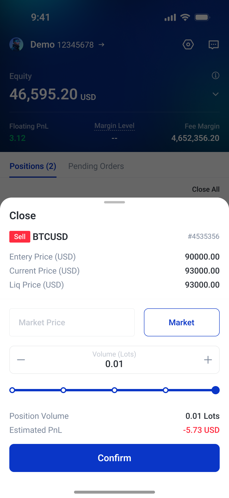 Individual position close form with volume and estimated result