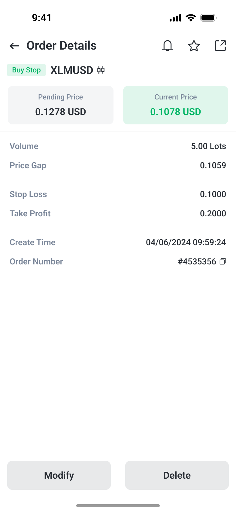 Pending-order detail showing trigger conditions and modification actions