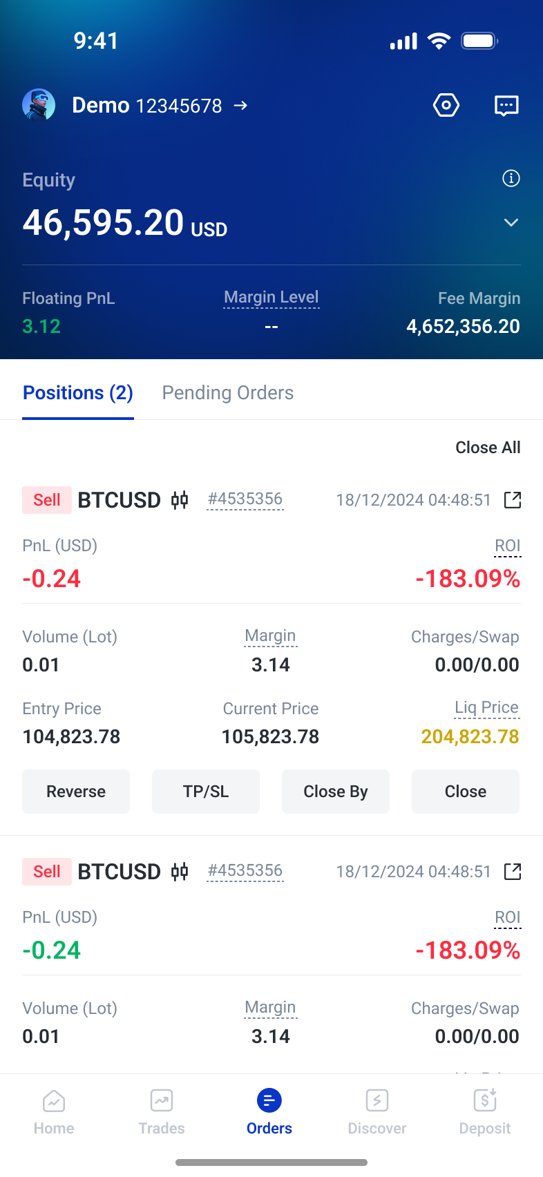 Position overview showing account metrics, open positions and trading actions