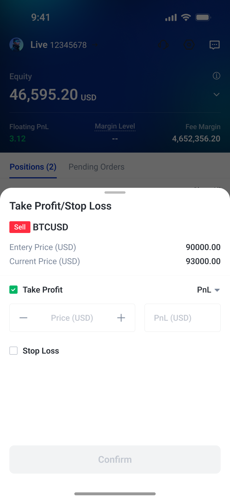 Take-profit and stop-loss editing with current-price context and estimated results