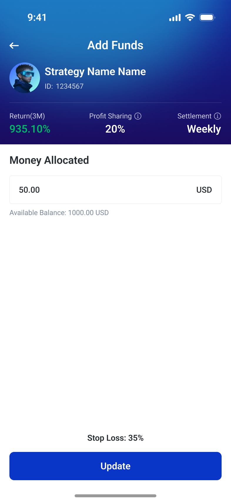 Add-funds form retaining strategy context, available balance and stop-loss information