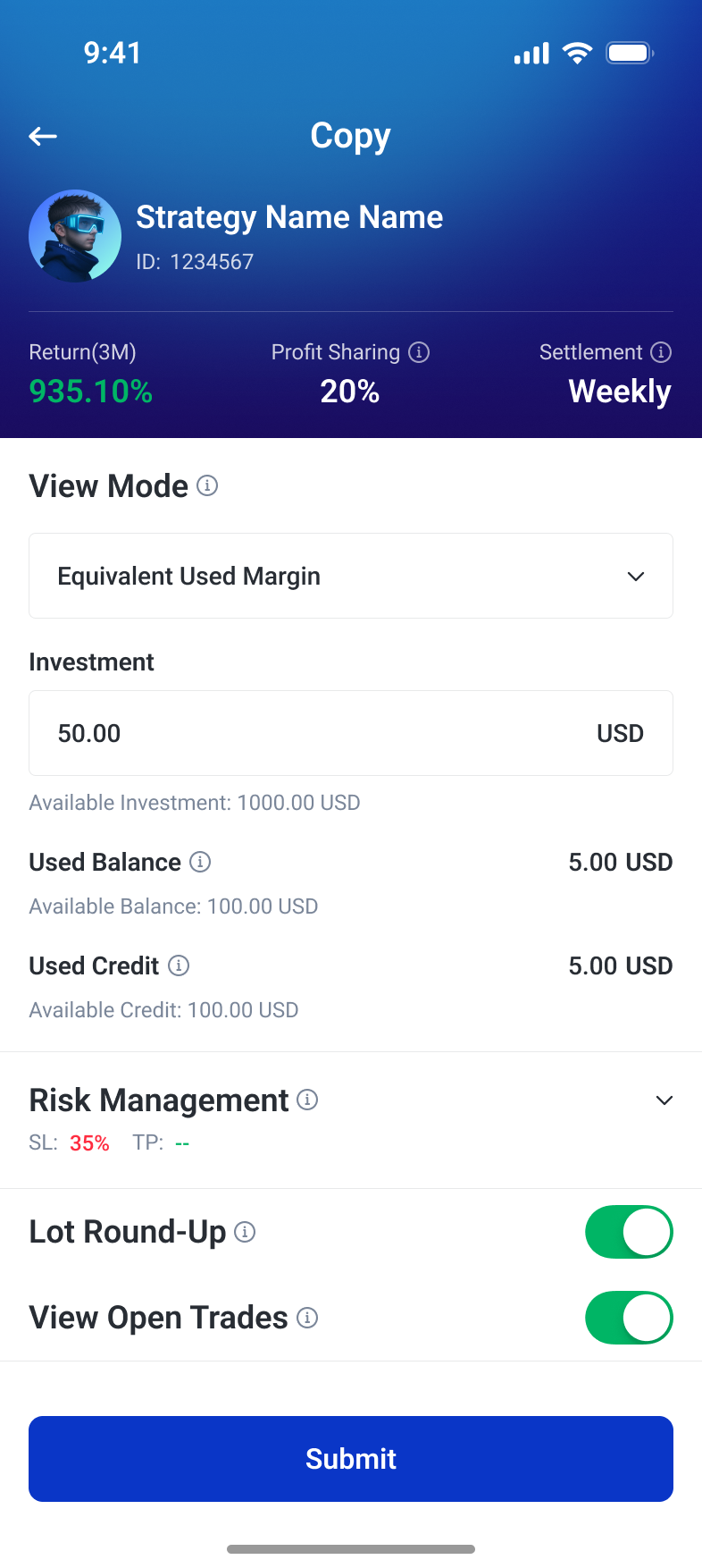 Copy setup with investment, balance use and risk controls