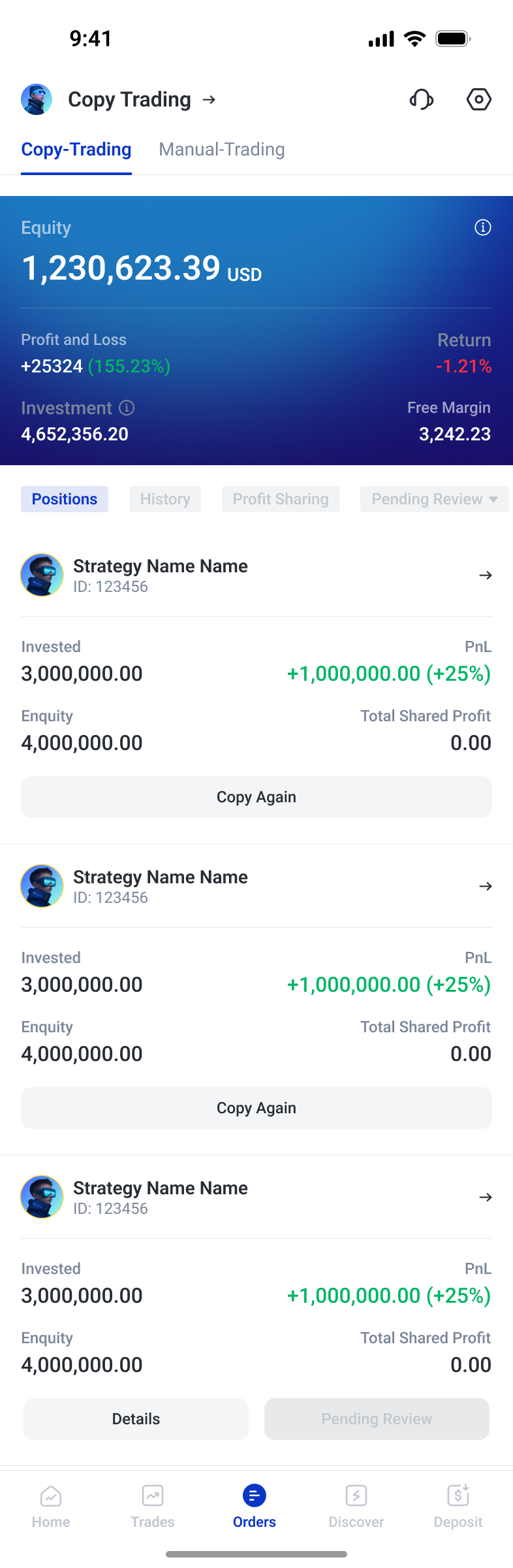Copy-trading management showing account metrics and individual strategy positions