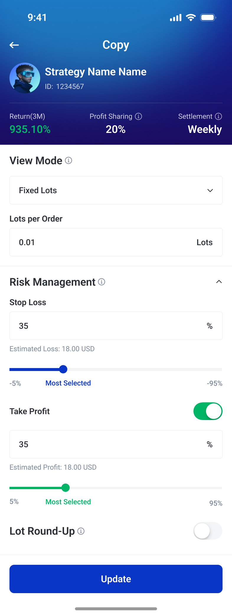 Fixed-lot copying settings with order size, stop loss, take profit and lot rounding