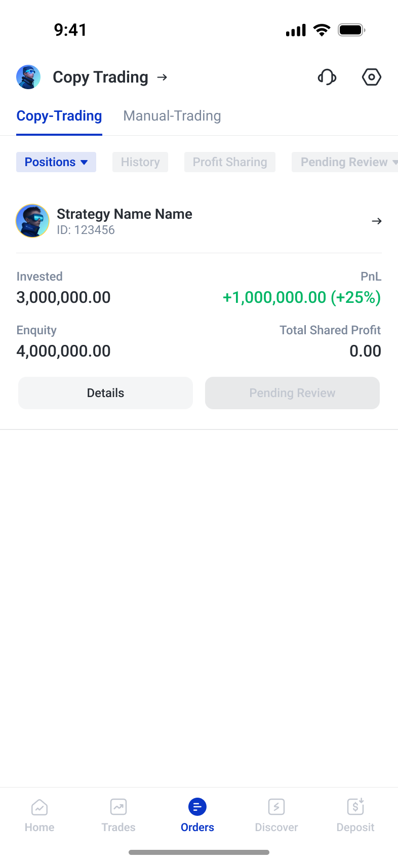 Strategy card displaying a pending-review status and details action