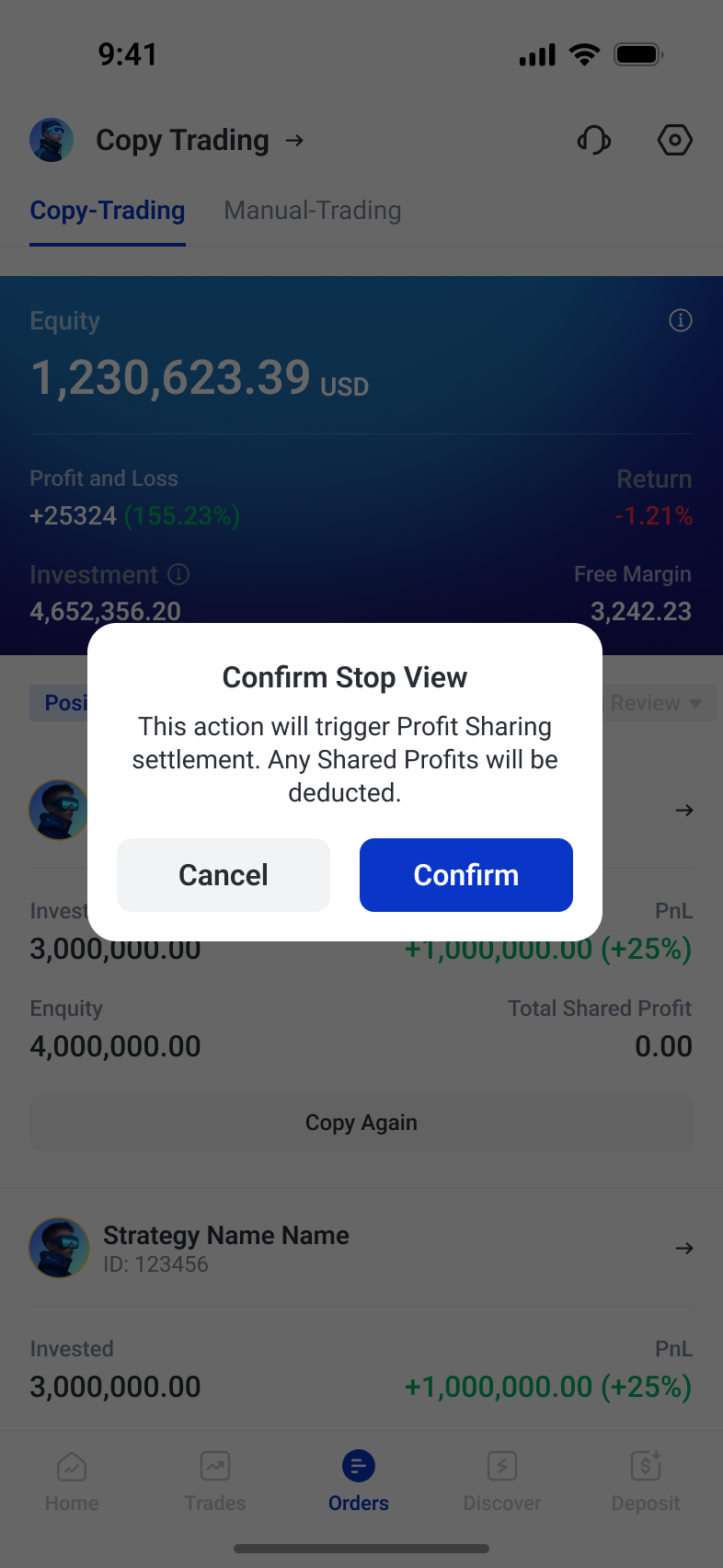 Stop-copy confirmation explaining the effect on profit-sharing settlement