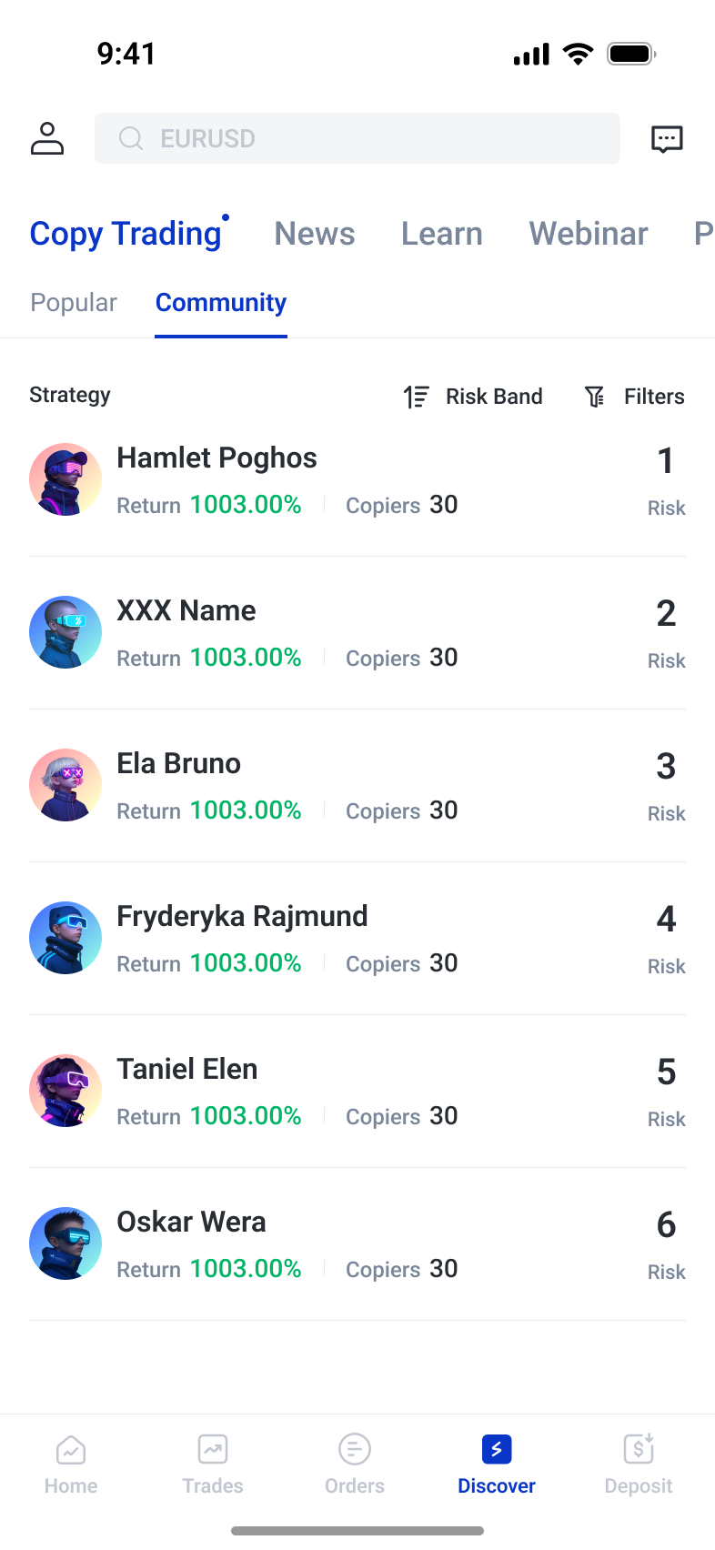 Copy-trading strategy list with risk, return and copier comparisons