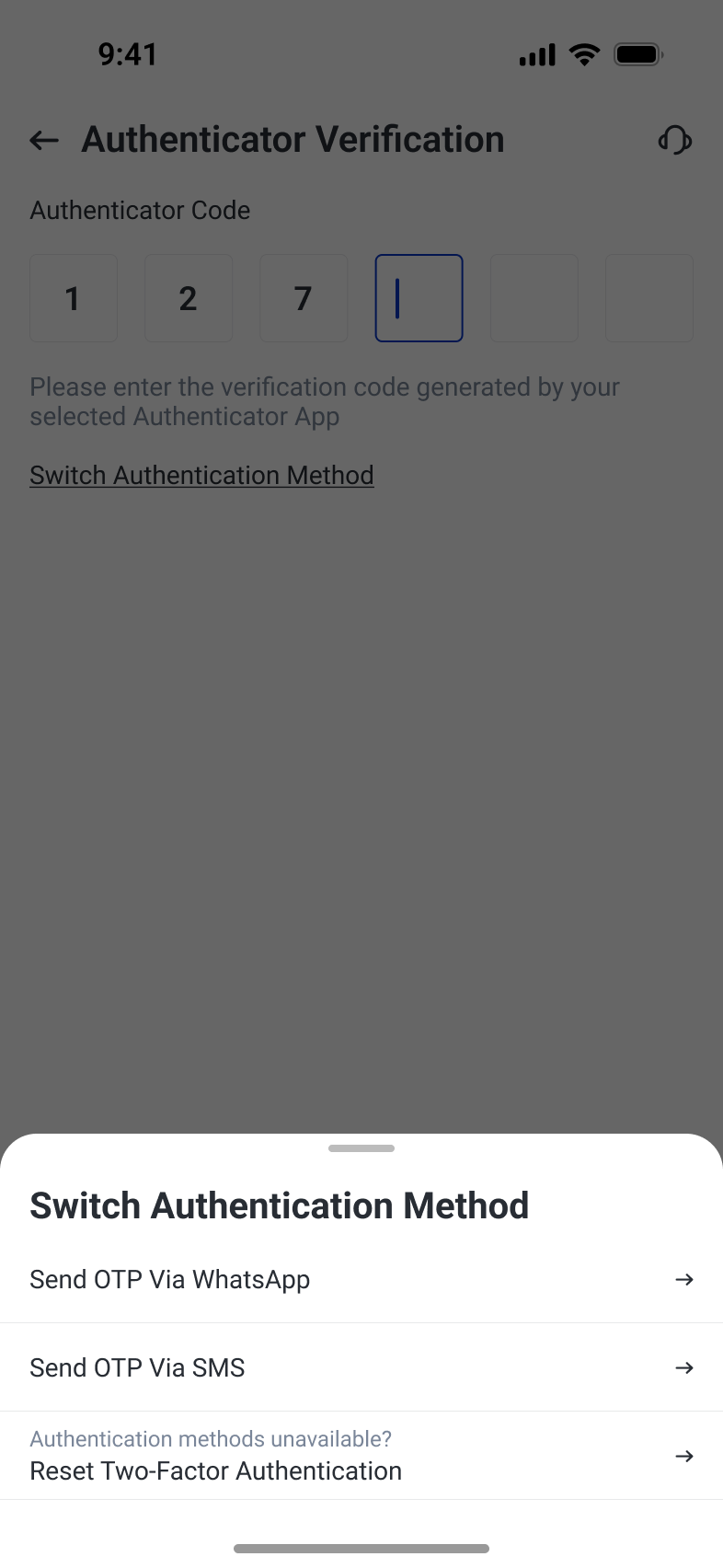 Verification-method selector offering WhatsApp, SMS and a reset route