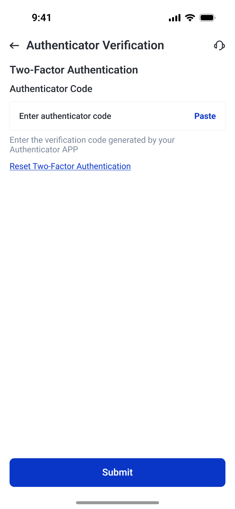 Authenticator-code entry with code-source guidance and a reset route