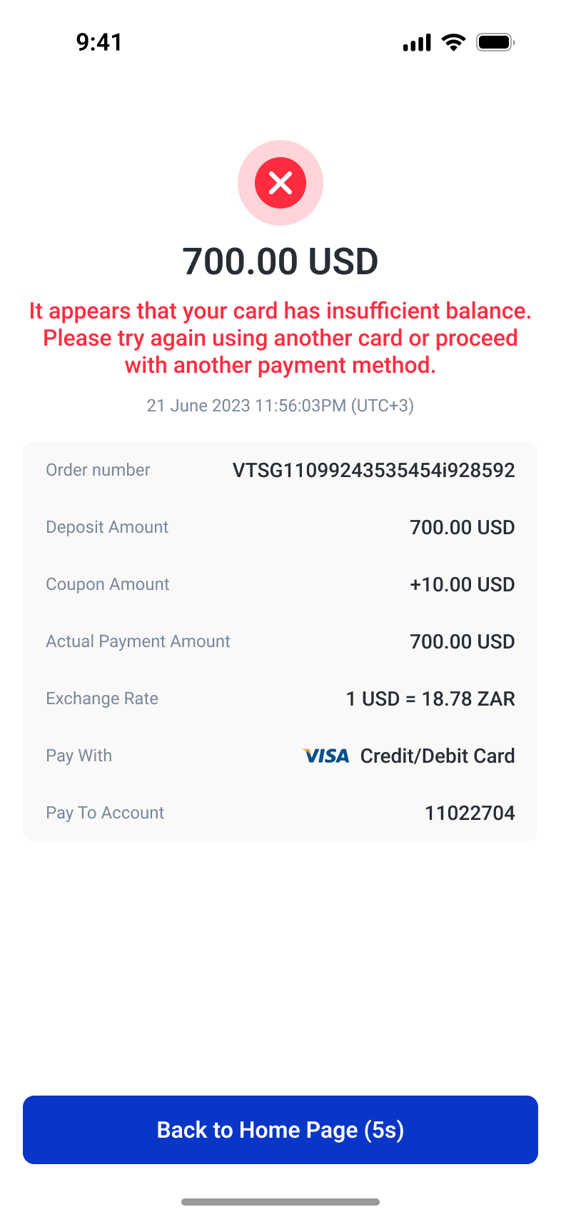 Card payment failure explaining insufficient balance beside order details
