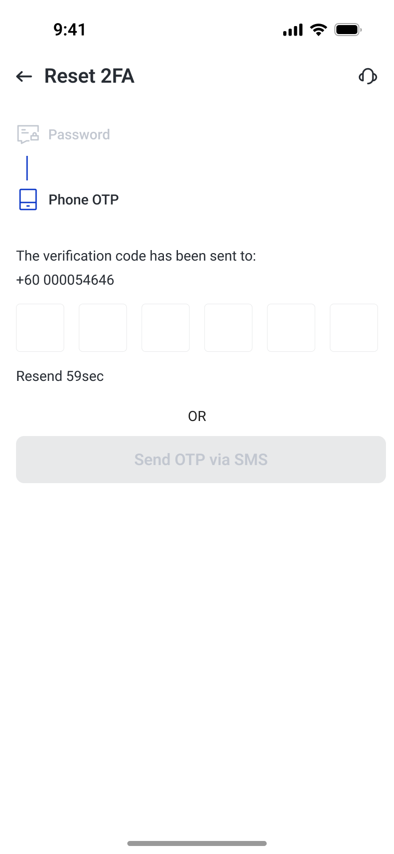 Two-factor-authentication reset showing password and phone-code verification stages
