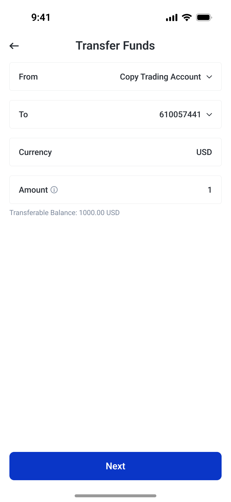 Account transfer form showing source, destination, currency and transferable balance