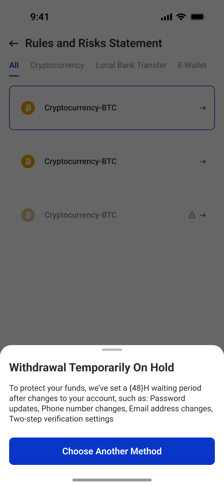Withdrawal hold message explaining restrictions after account-security changes
