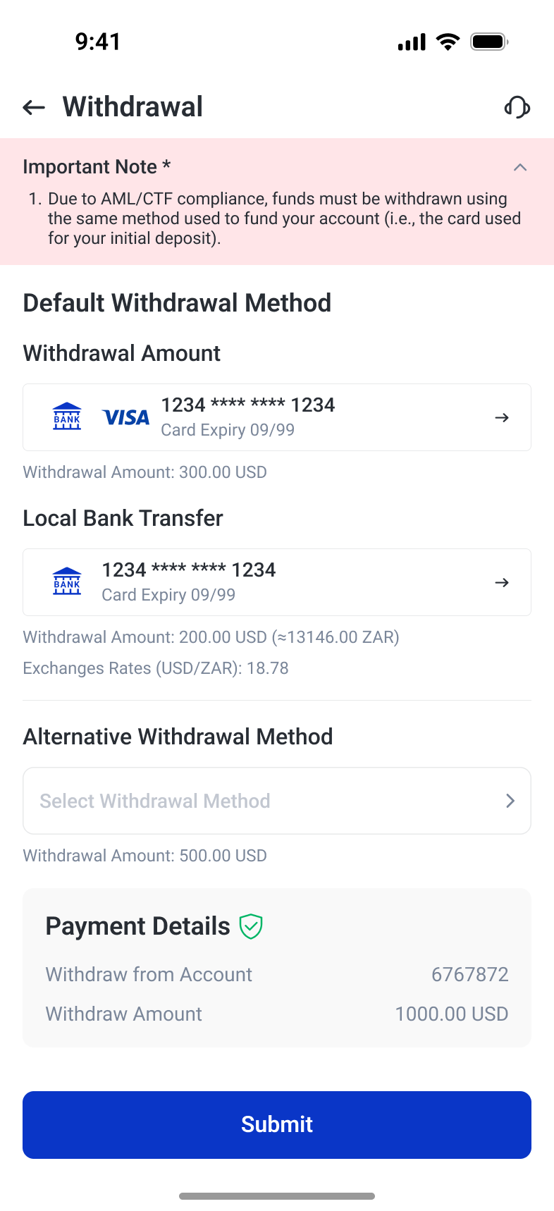 Withdrawal review with destination, amounts and original-funding-method requirements