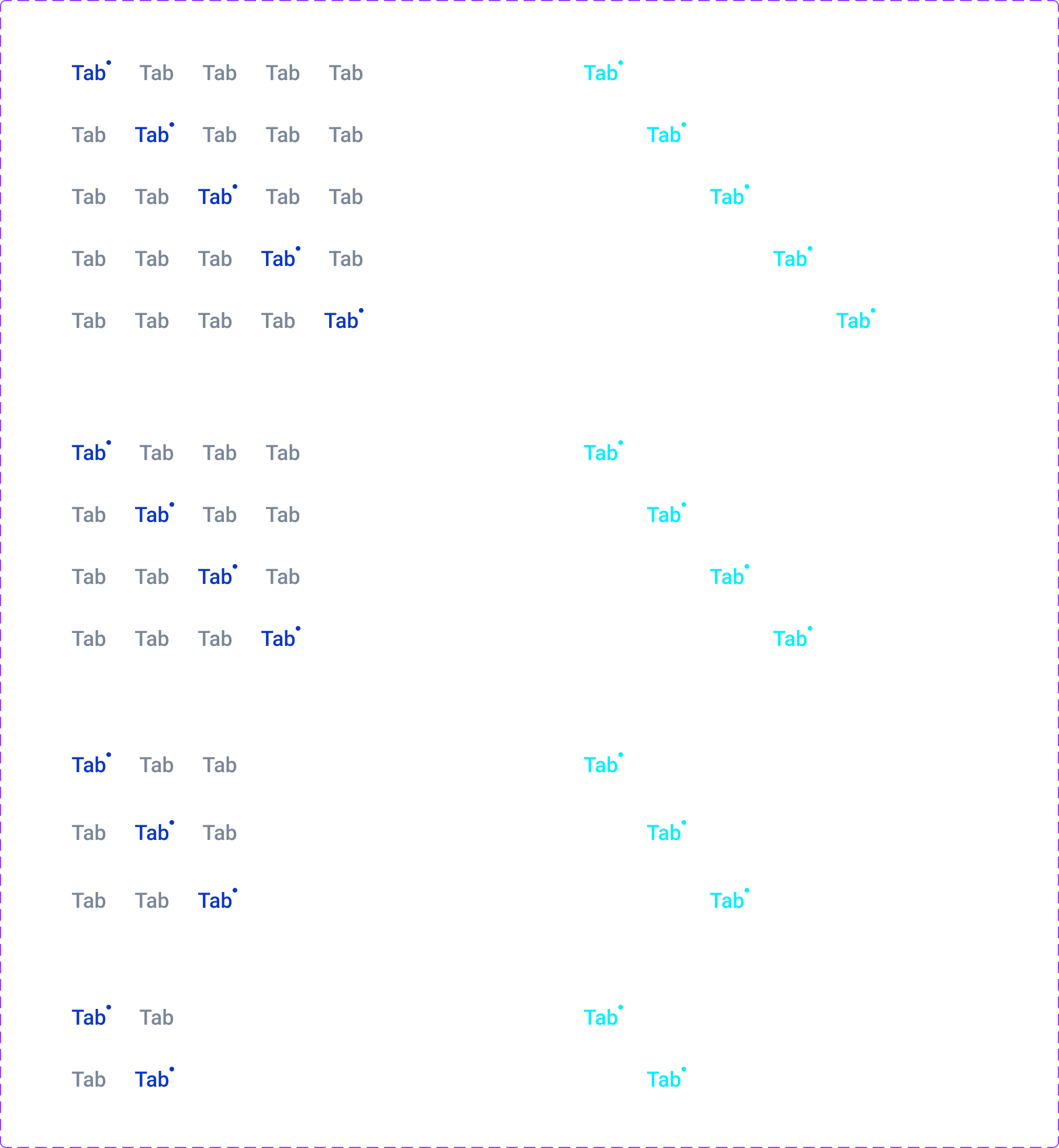 Primary navigation component variants showing selected states in light and dark themes