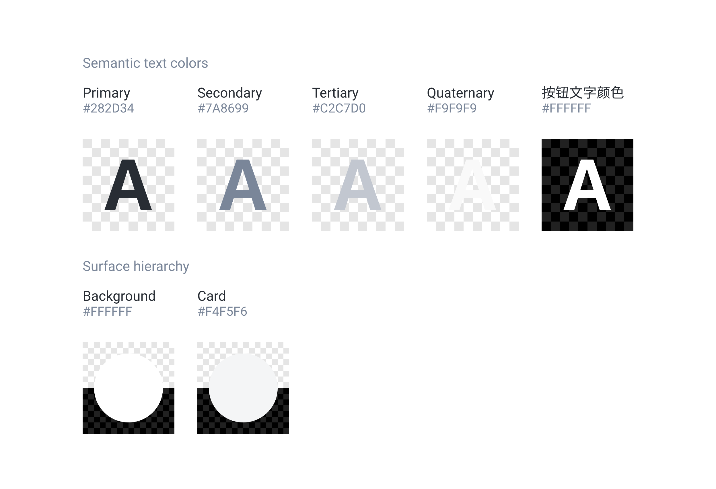 Unified palette covering primary, secondary, tertiary, quaternary and button text colors, plus background and card surfaces
