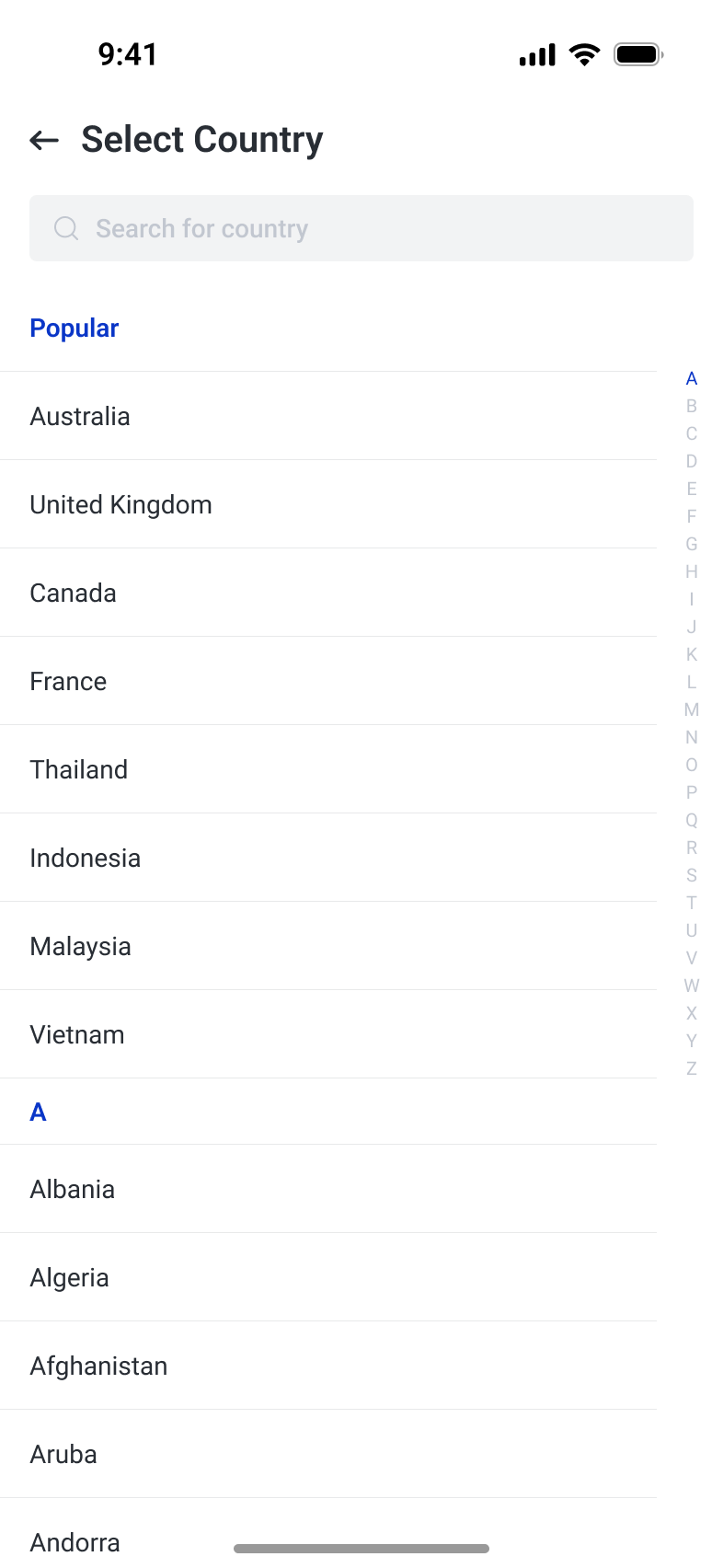 Country and region selection with search, popular entries and an alphabetical list