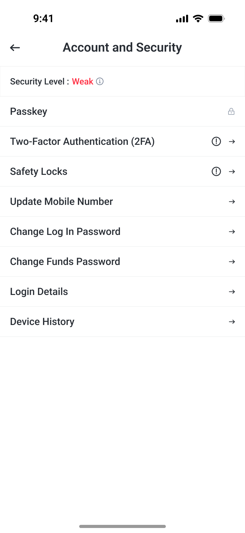 General account-security screen with passkeys, two-factor authentication and account controls